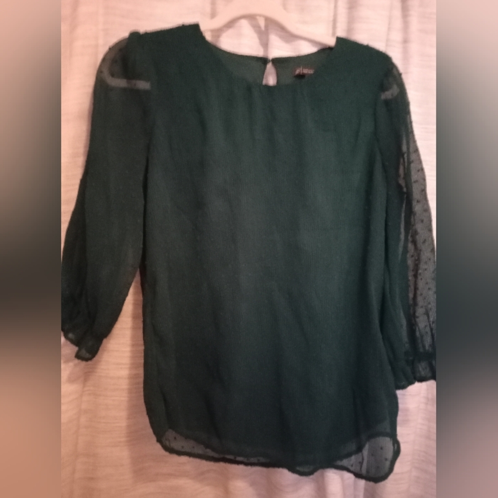 Adrianna Papell Forest Green Blouse with Sheer Sleeves